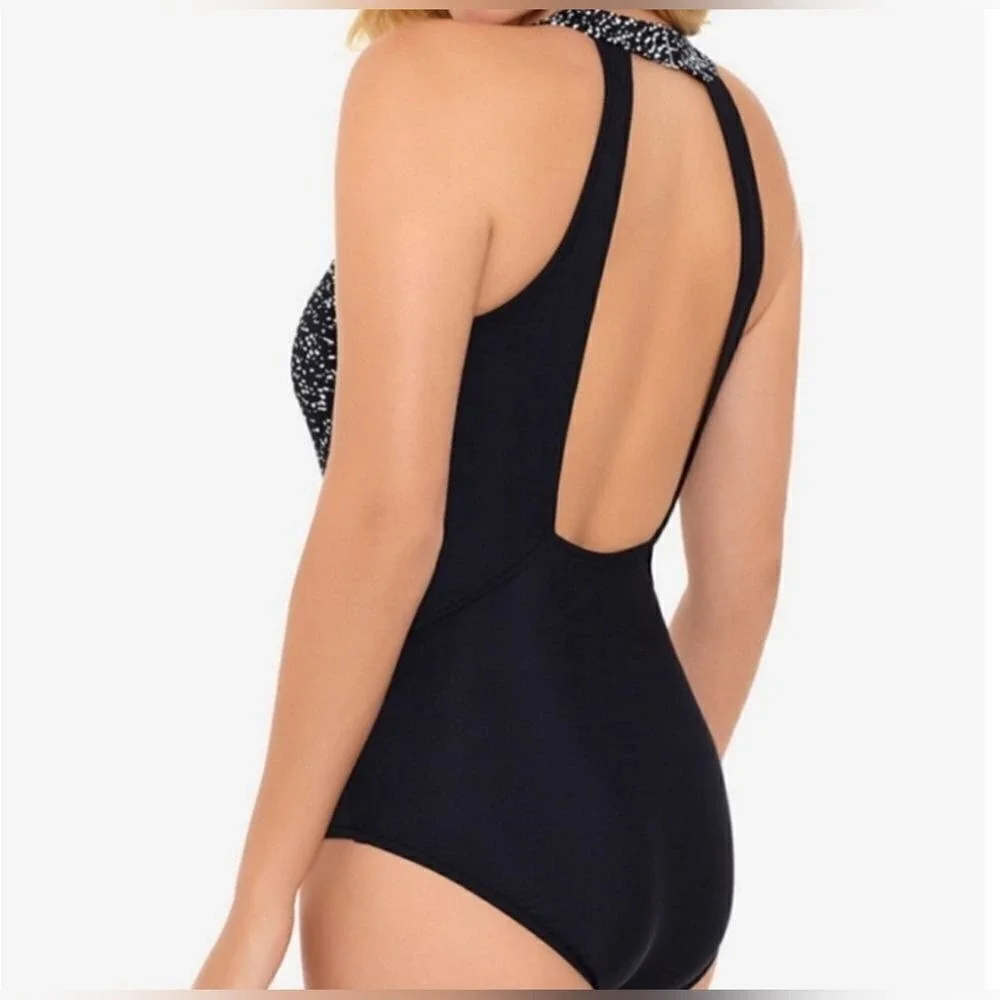 Swim Solutions Beaded Front Tummy Control‎ One Piece Swimsuit black and white 14 - Picture 3 of 7